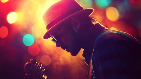 Silhouetted guitarist in hat stands against vivid stage lights