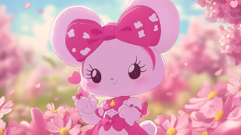 Pink chibi mouse character in soft flower field scene.