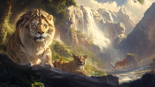 Majestic Lions Guard Their Mountain Valley Domain