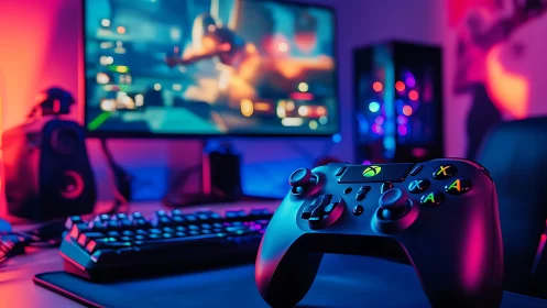RGB-lit gaming controller on desk anchors neon studio scene