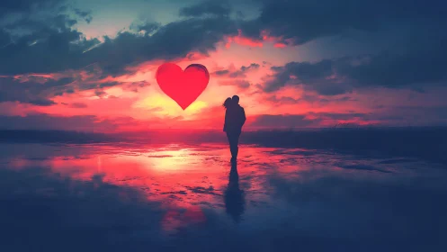 Solitary figure stands before oversized red heart at sunset
