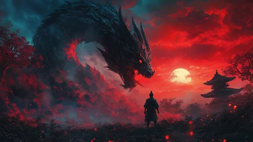 Moonlit samurai meets a swirling crimson sky dragon.