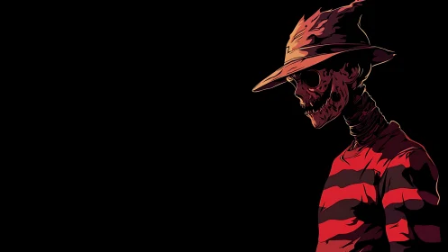 Skeletal figure in striped sweater and hat on black ground.