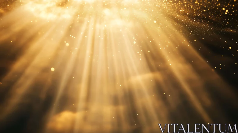 Golden light rays streaming through hazy dark clouds.