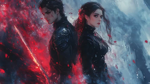 Dual warriors rendered in high contrast red-blue atmospheric lighting