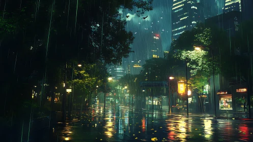 Gentle city rainfall casts quiet light over a neon street
