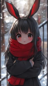 Anime girl in red scarf with bunny ears in winter scene.