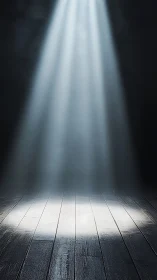 Focused white spotlight illuminating empty wooden floor.