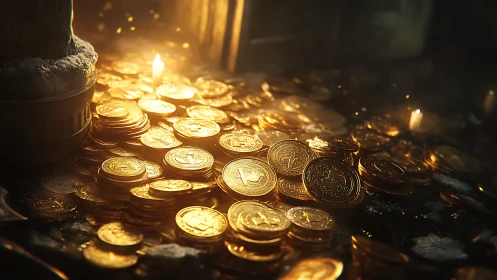 Candlelit gold coins whisper quietly of forgotten fortunes
