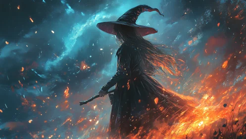 Solitary witch in firelit storm under vivid blue sky.