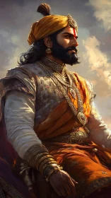 Sunlit warrior king in jeweled saffron regalia of power.