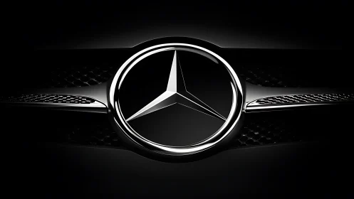 Photorealistic chrome tri-star emblem on black grille composition.