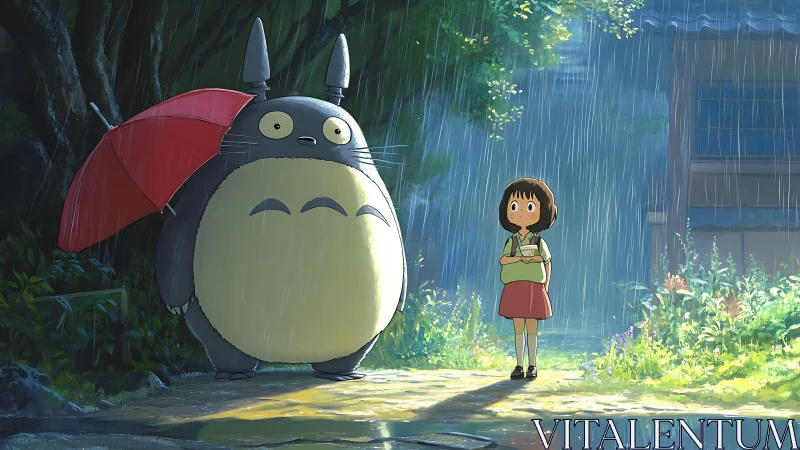 Large creature with umbrella stands beside girl in rainy yard
