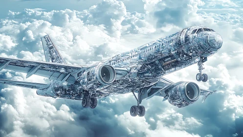 Cybernetic skyliner gliding through circuitry-streaked clouds.