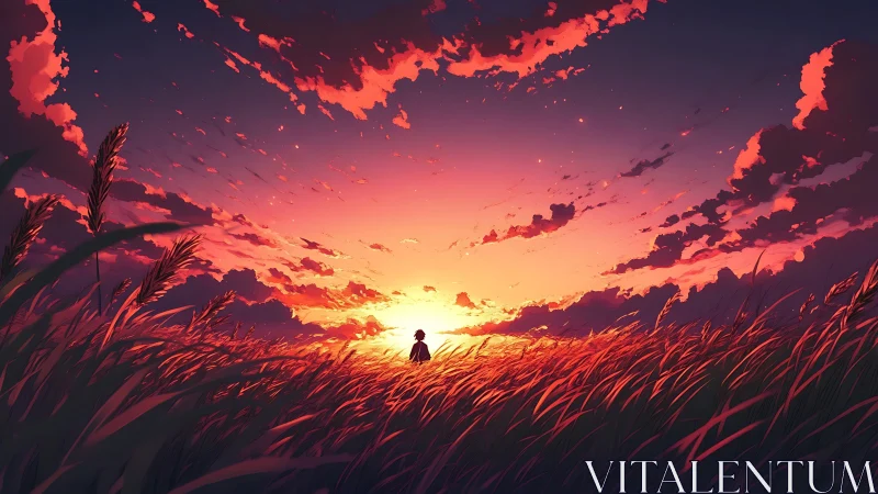 Sunlit figure in wind-swept wheat field at cinematic dusk.