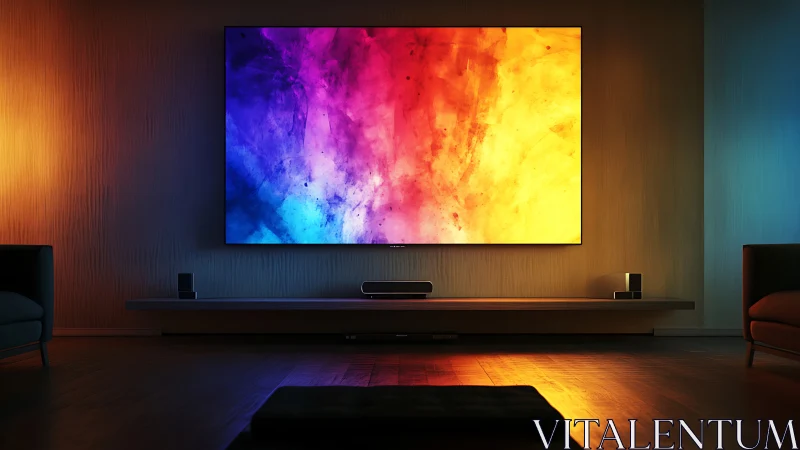 Large wall mounted TV displays vivid multicolor abstract image
