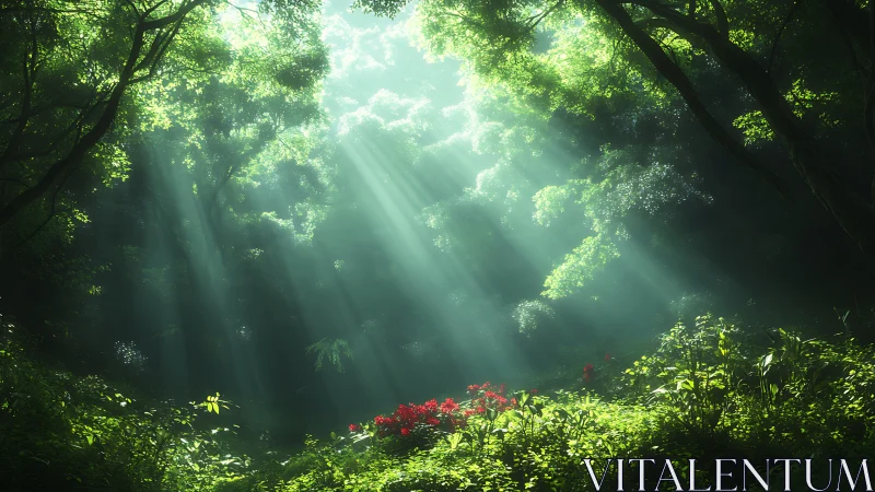 Forest Canopy with Crepuscular Rays and Red Flowers.