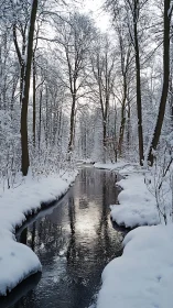 Winter riparian corridor with reflective stream under snow-laden trees