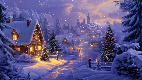 Snowy Christmas village glows under soft twilight snowfall