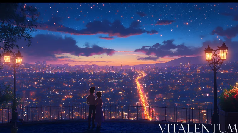Twilight city overlook with couple framed by glowing lampposts.