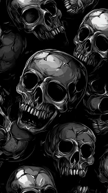 Clustered monochrome skulls in dramatic horror illustration.