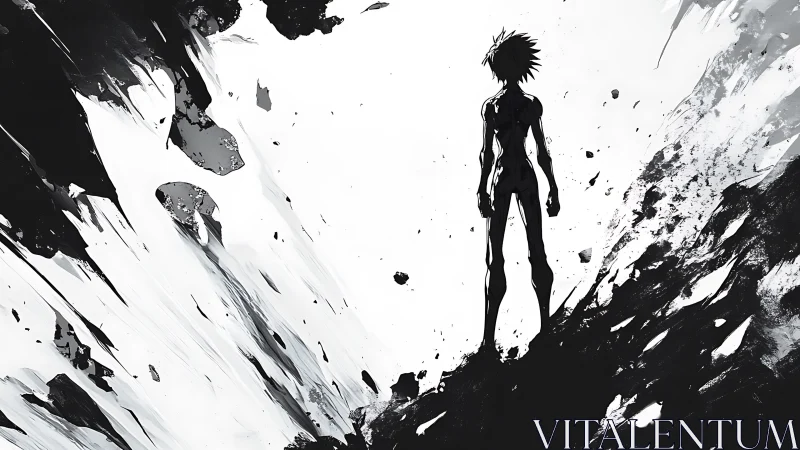 Silhouetted figure stands amid high contrast abstract debris