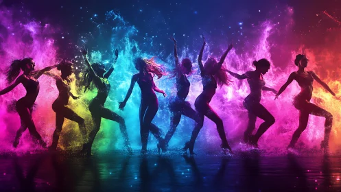 Silhouetted dancers move through multicolored liquid plumes