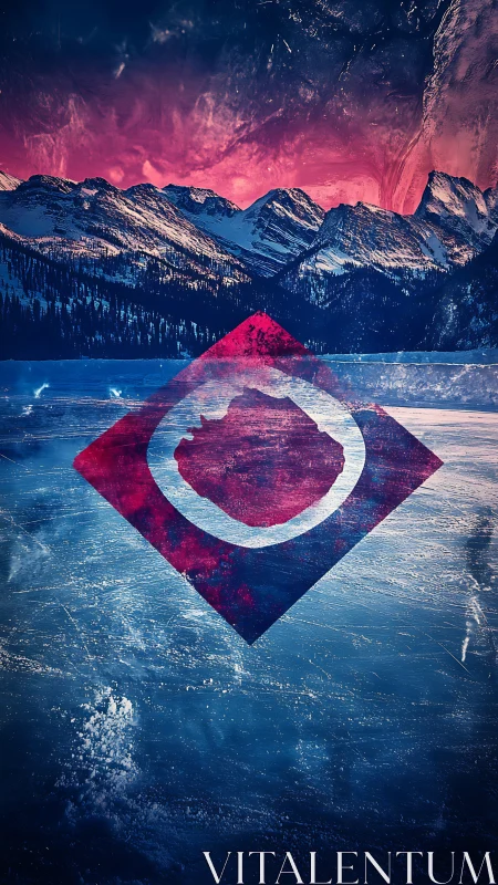 Geometric emblem over icy lake beneath pink mountain sky.