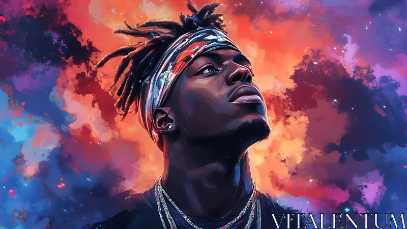 Portrait of upward-gazing man in vibrant nebular backdrop