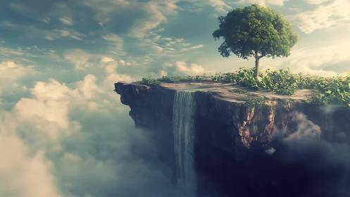 Solitary Tree on Misty Cliffs Above Clouds.
