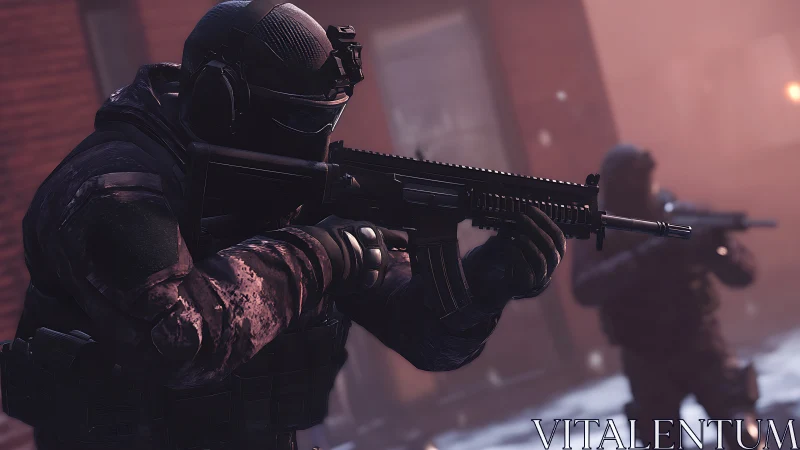 Tactical soldier aims assault rifle during urban operation