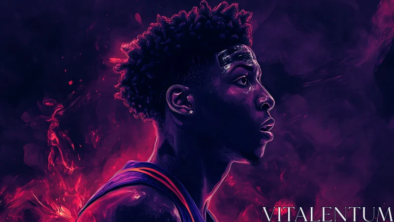 Neon-lit basketball portrait uses high-contrast rim lighting and vapor effects