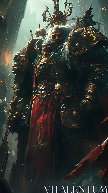 Imperial warlord in baroque skull armor under holy light.