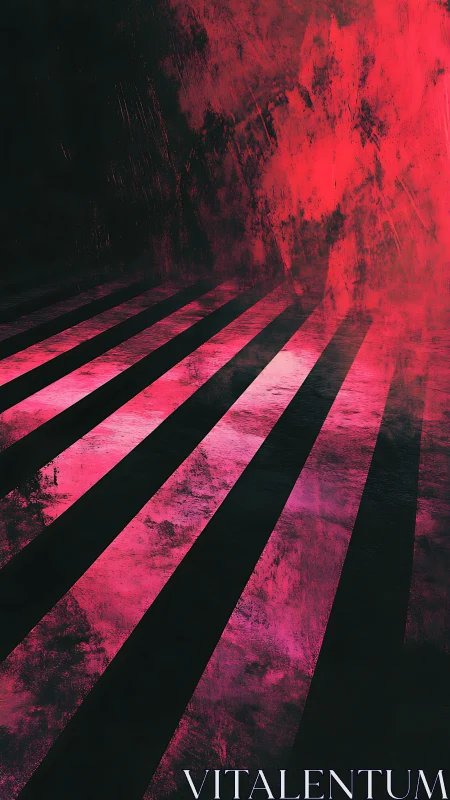 Diagonal striped corridor recedes beneath diffuse red haze