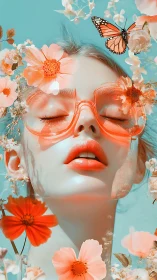 Female face is rendered with floral overlays and butterfly