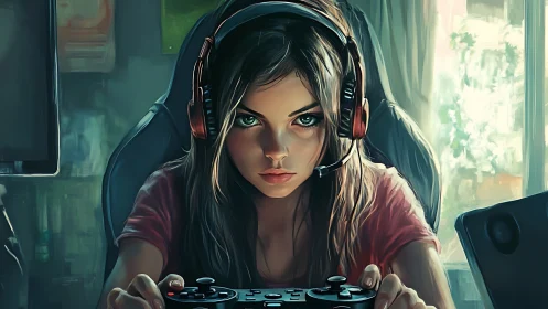 Headset user operates game controller in indoor setup