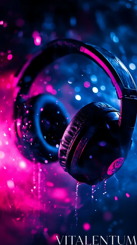 Over ear headphones suspended in neon bokeh environment