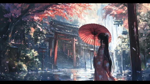 Woman in kimono under red umbrella on rainy shrine path.