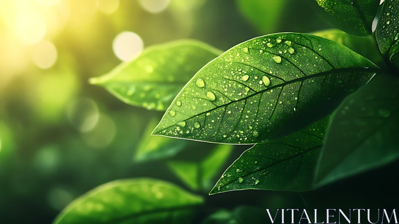 Macro inspection of dew-laden foliage under backlit illumination.