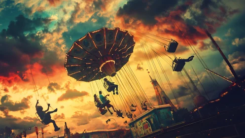 Swing carousel ride against dense clouds at sunset.