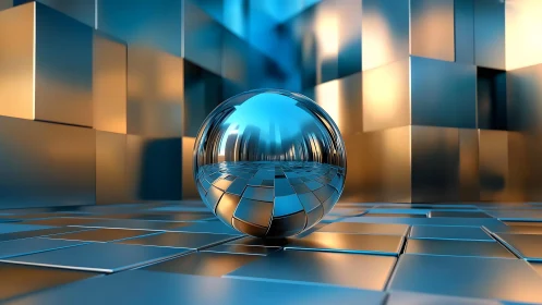 Chrome sphere in reflective tiled maze of metallic cubes.