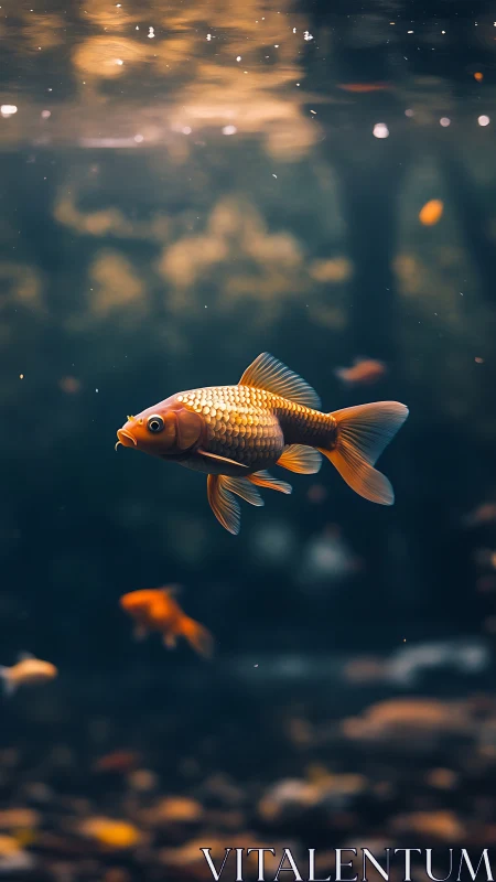 Goldfish in clear water with dark aquatic background.