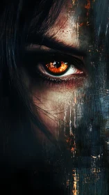 Fiery iris carves through rusted shadows and fractured dark