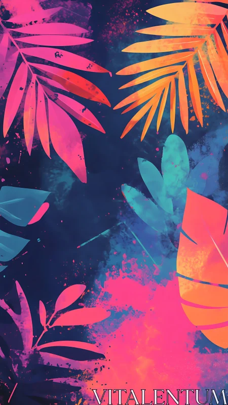 Neon gradient palm foliage overlays dense splatter-textured night field