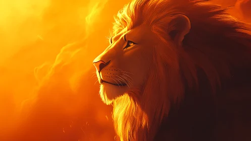 Profile view shows stylized lion head in warm orange light