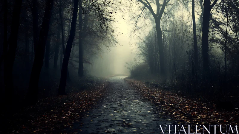 Misty Forest Pathway: Atmospheric Tree-Lined Route Through Dense Woodland.