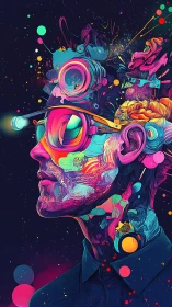 Neon cyber portrait of man with abstract tech gear.