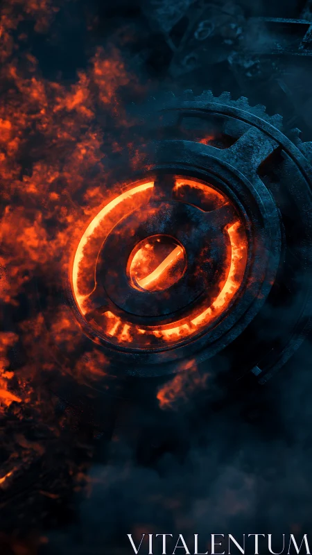 Molten neon gear glows through smoke in a dark inferno