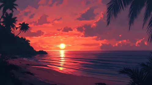 Vivid tropical beach sunset with palm silhouettes and calm sea.