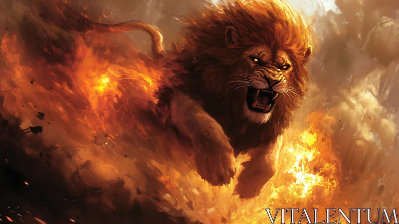 Roaring lion bursts through inferno with dynamic painterly motion